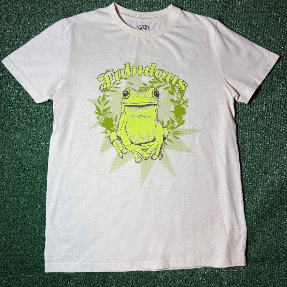 Call Your Mother Fabulous Frog Graphic T-Shirt Cream Green Mens Medium Cotton